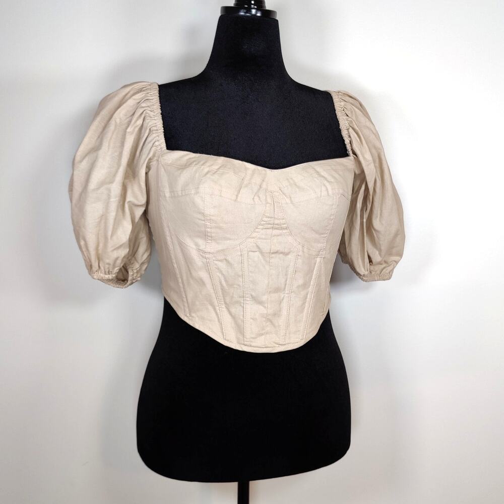 Showpo Cotton Ramie Boned Corset Puff Sleeve Top Tan US 12 Renaissance
